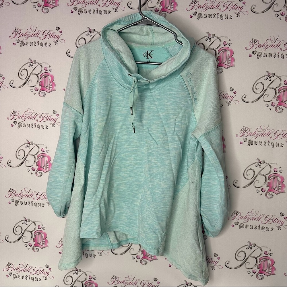 Calvin Klein Light Blue Hoodie turtle neck ribbon tie up blue comfy sweater
